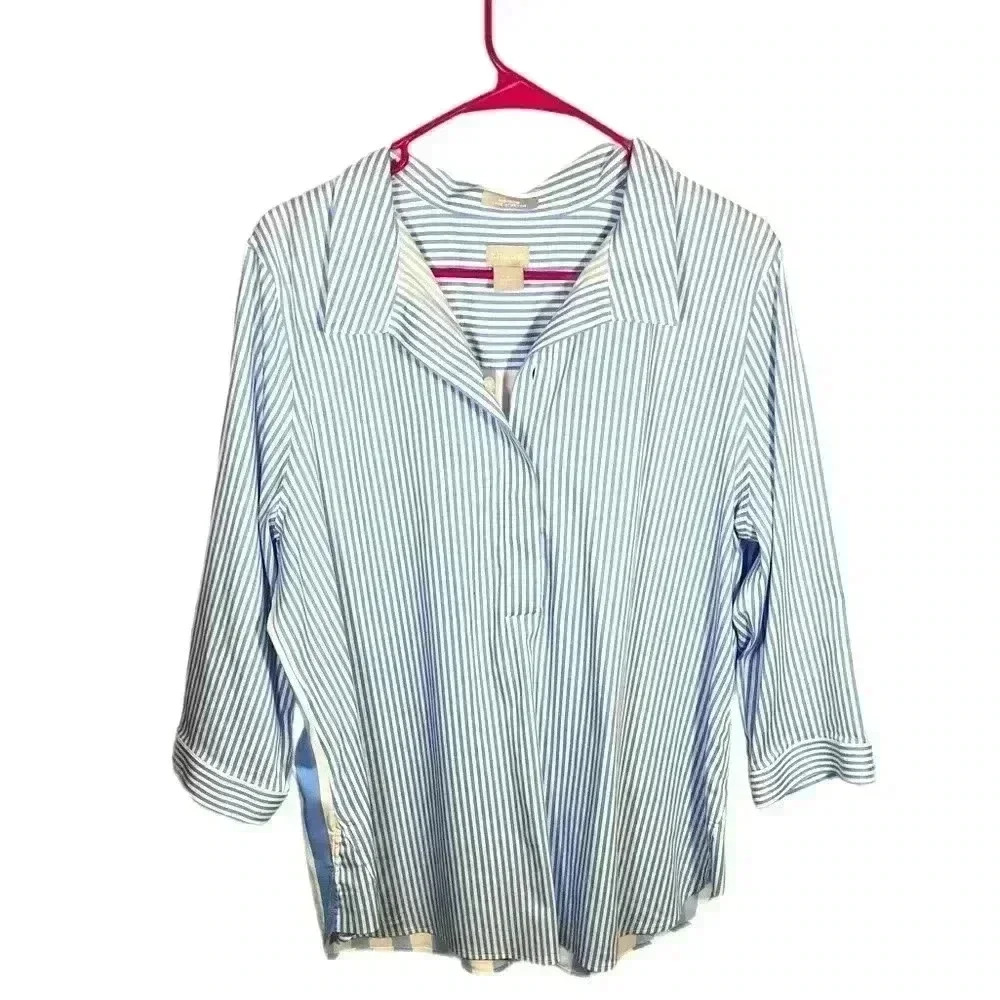 Chico’s 2 Robin Egg Blue and White Striped Long Sleeve Collared Shirt